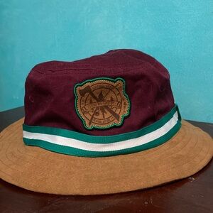 Kids Maroon and Tan Bucket Hat with Green Ribbon